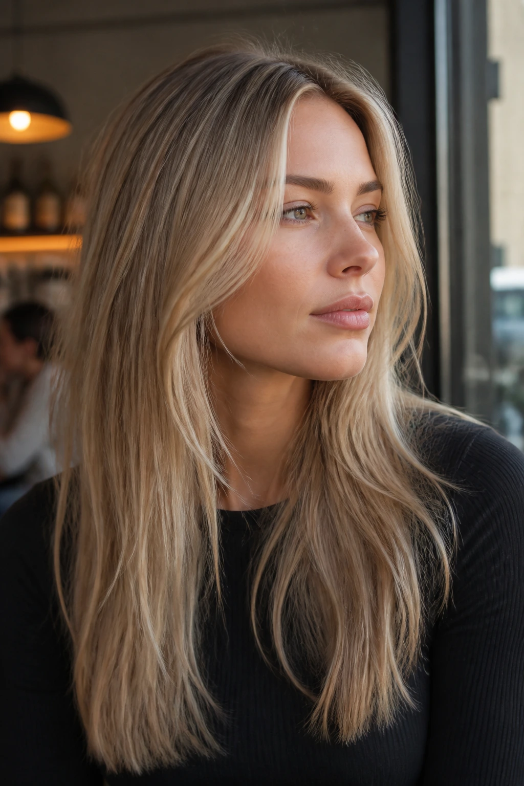 Close-up portrait of a real woman with beige blonde hair in natural daylight