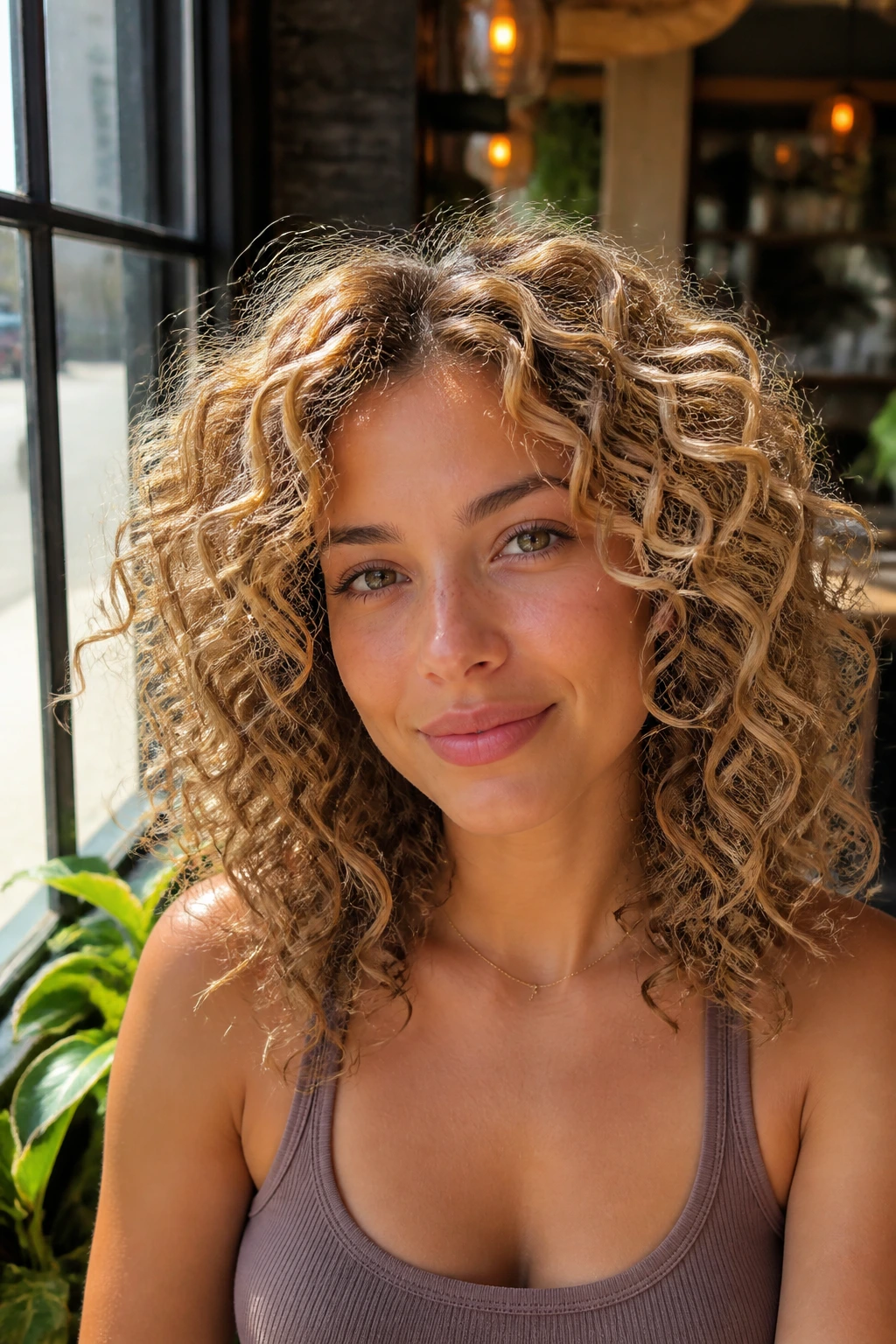 Real woman with beige blonde halo highlights on curly hair in soft window light