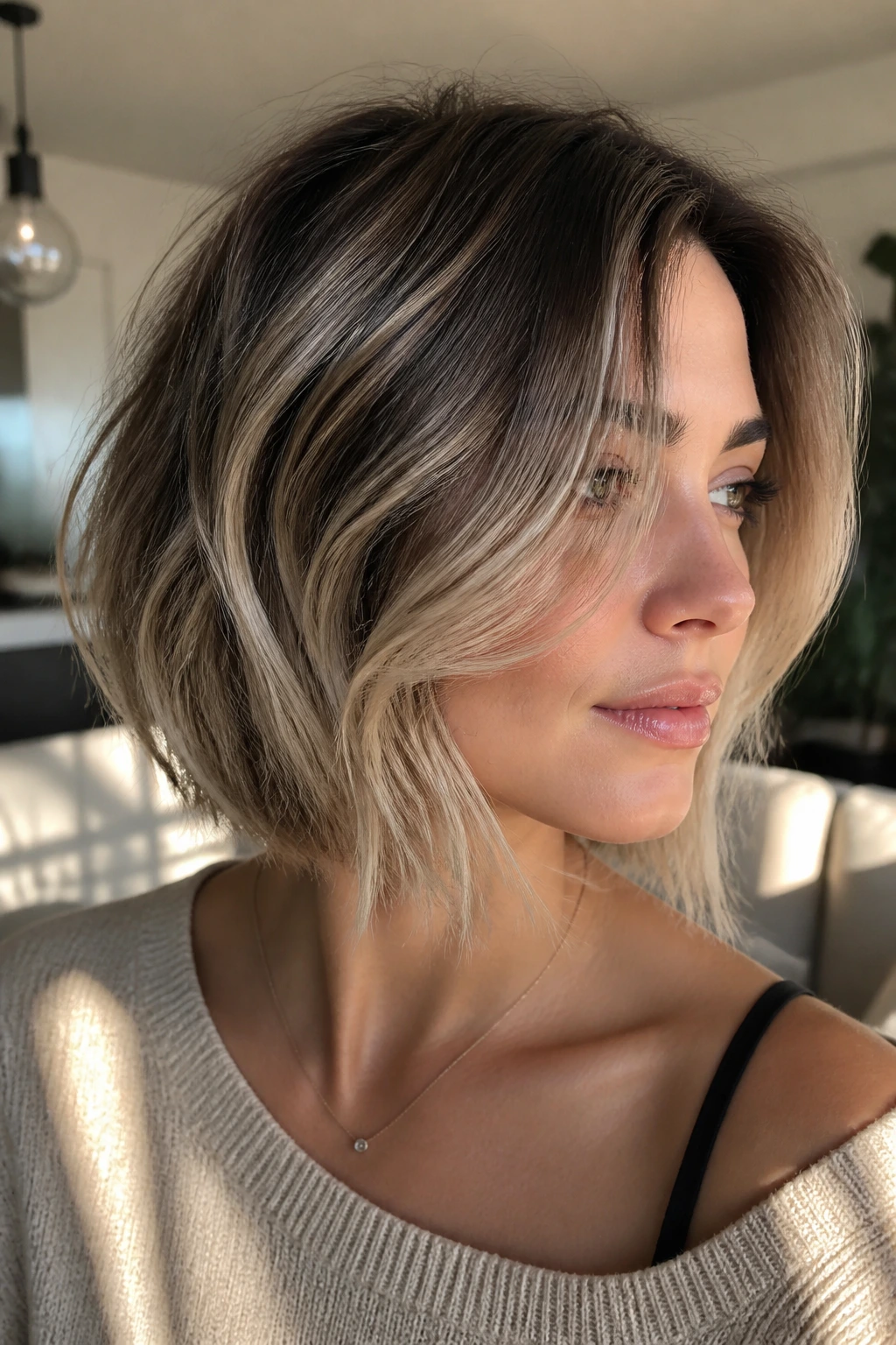 Layered bob cool brunette to beige blonde ombre