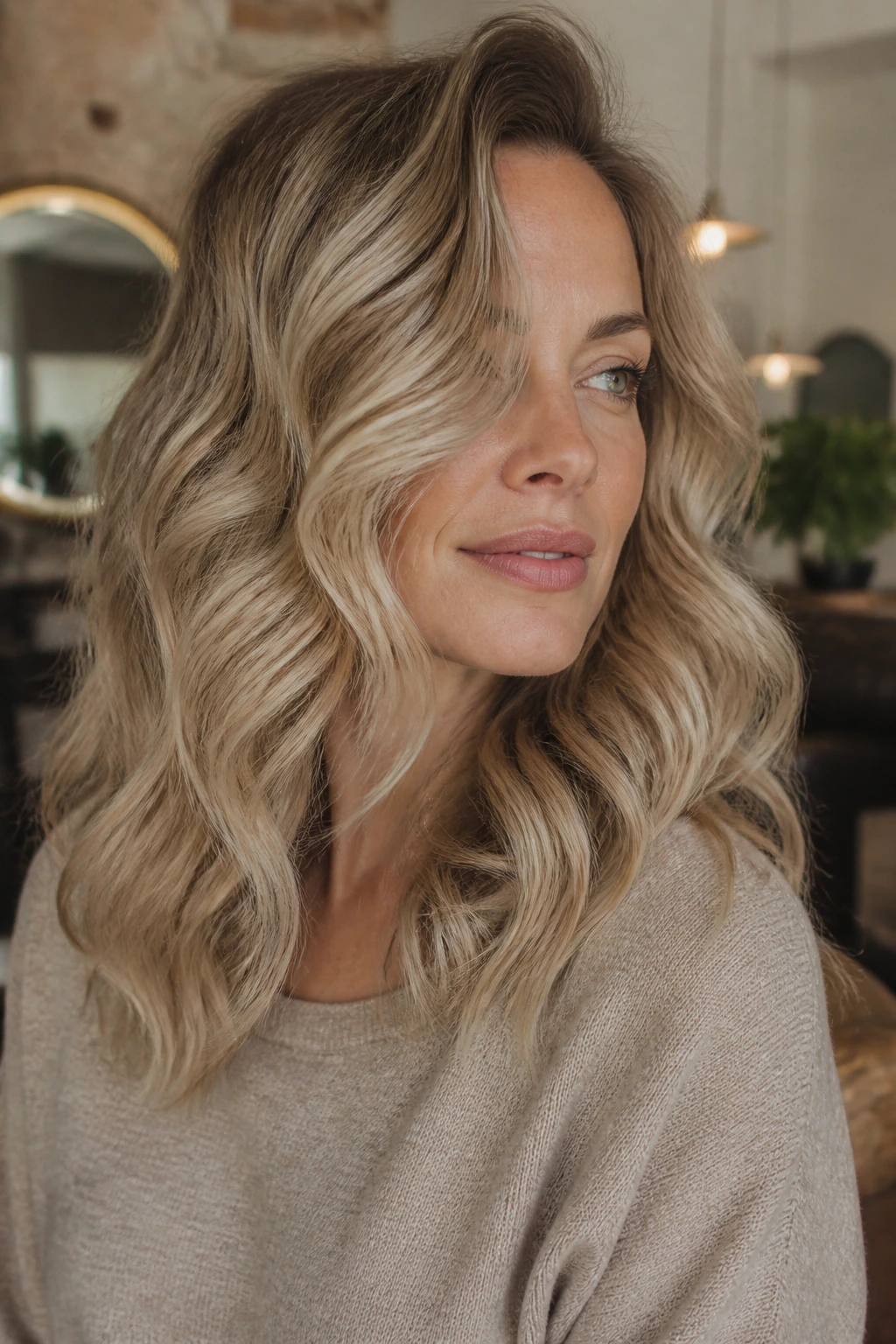 Real woman with beige blonde layered hair and S-shaped waves in a warm setting