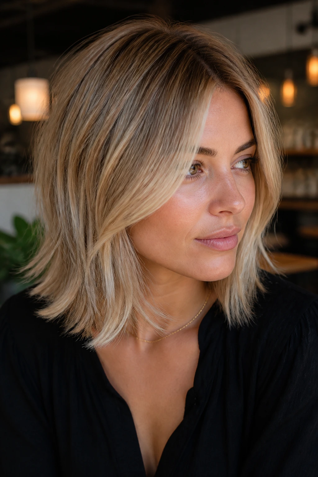Real woman with beige blonde rooted lob and feathered ends