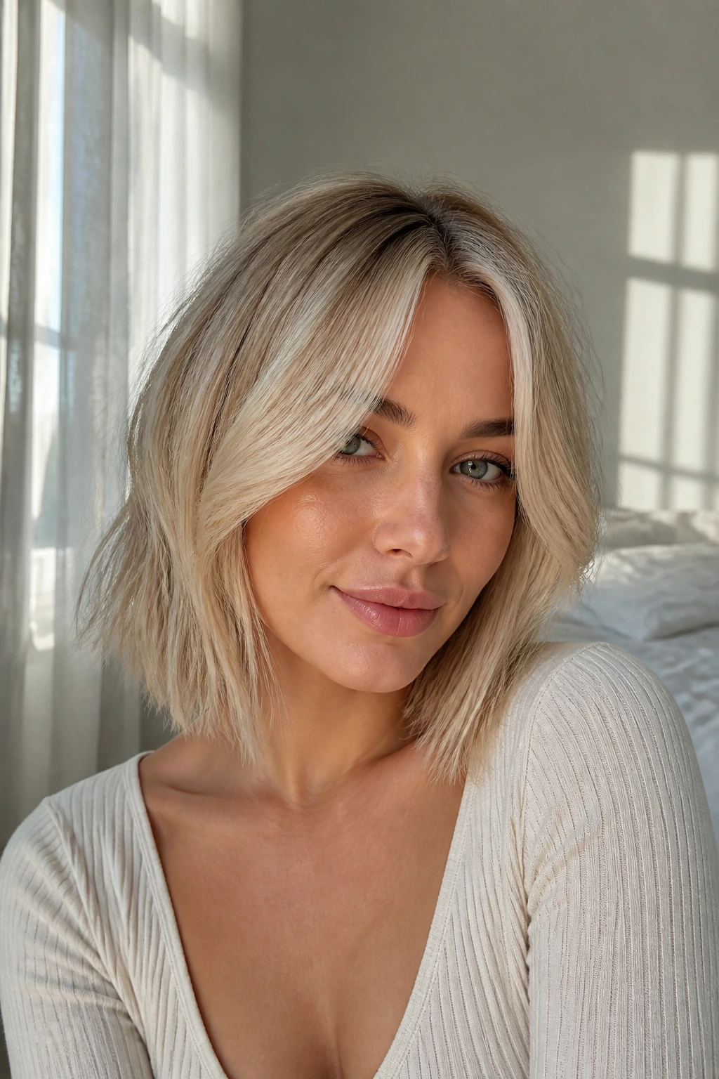 Close-up portrait of a real woman with beige blonde lob and curtain fringe