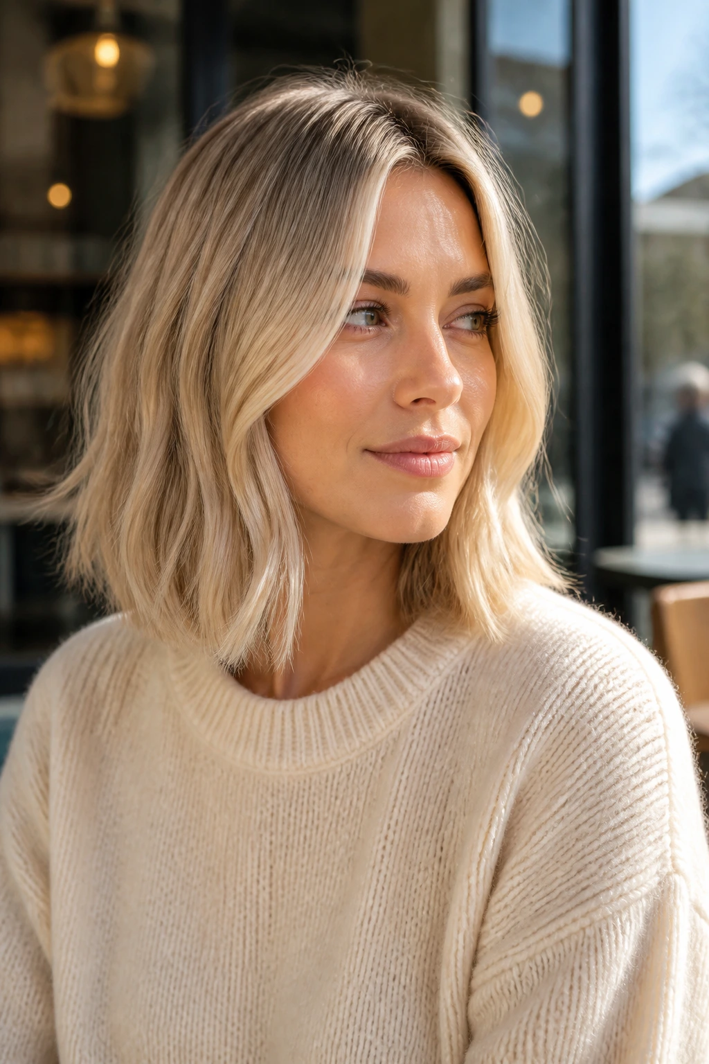 Portrait of a real woman with beige blonde lob in a cafe window setting