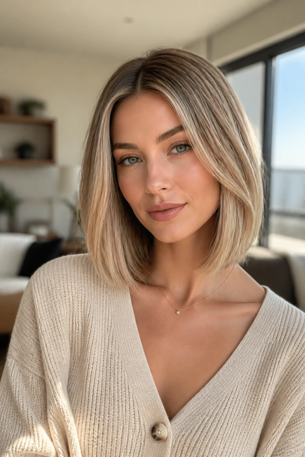 Medium close-up of a real woman with beige blonde lob and root shadow in warm natural light.
