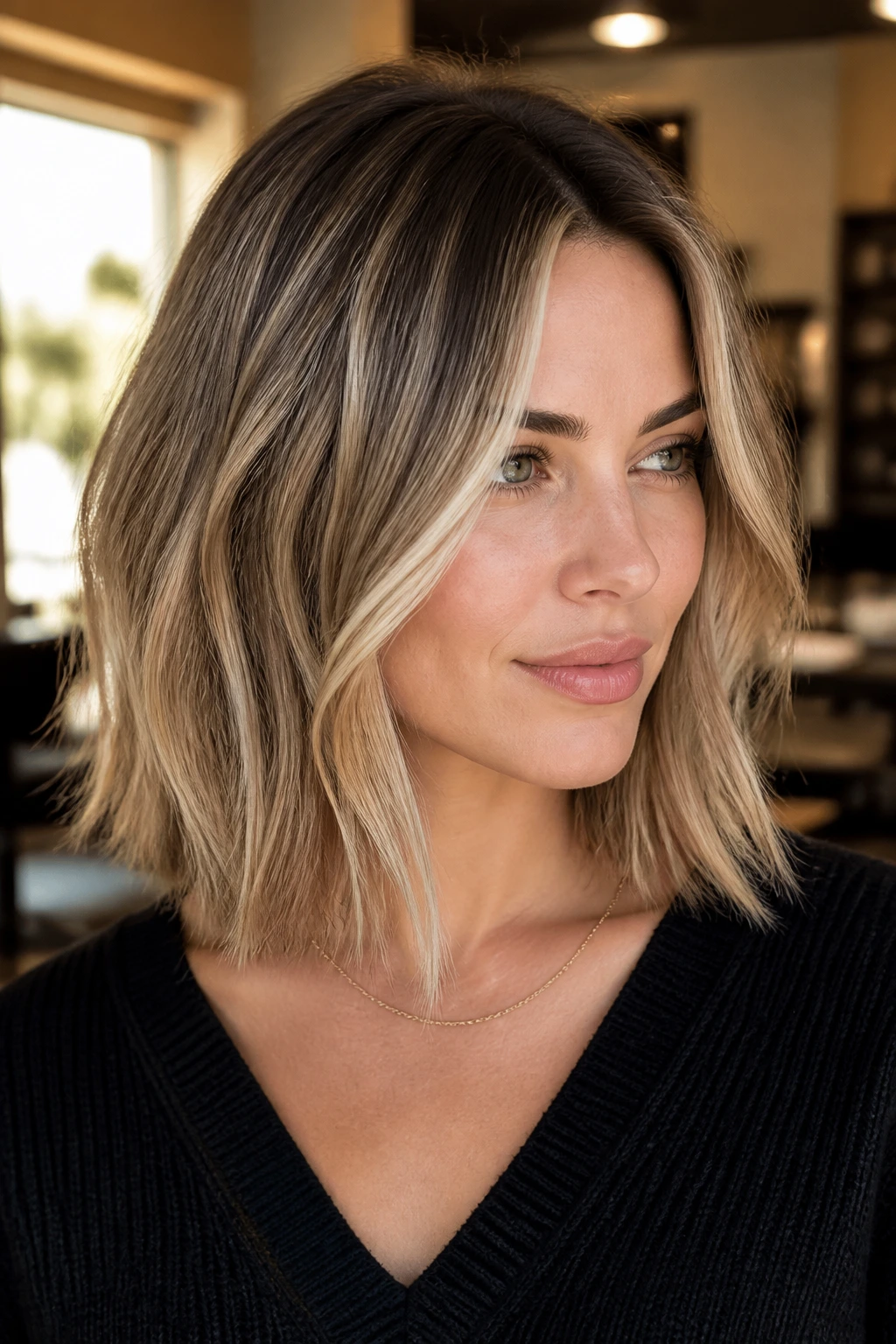 Close-up of a woman with beige blonde lob and shadow root, brighter front streaks in warm salon light