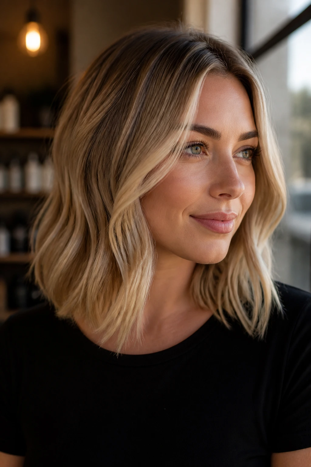 Close-up portrait of a real woman with beige blonde lob and soft bend under warm indoor light