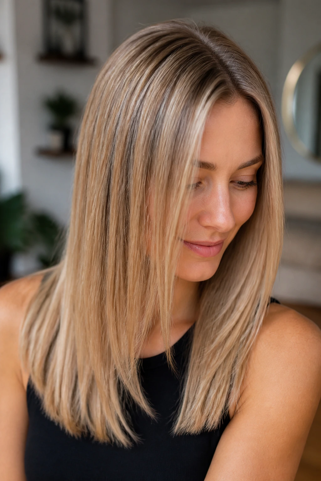 Close-up of a real woman with beige blonde micro-highlights on straight hair