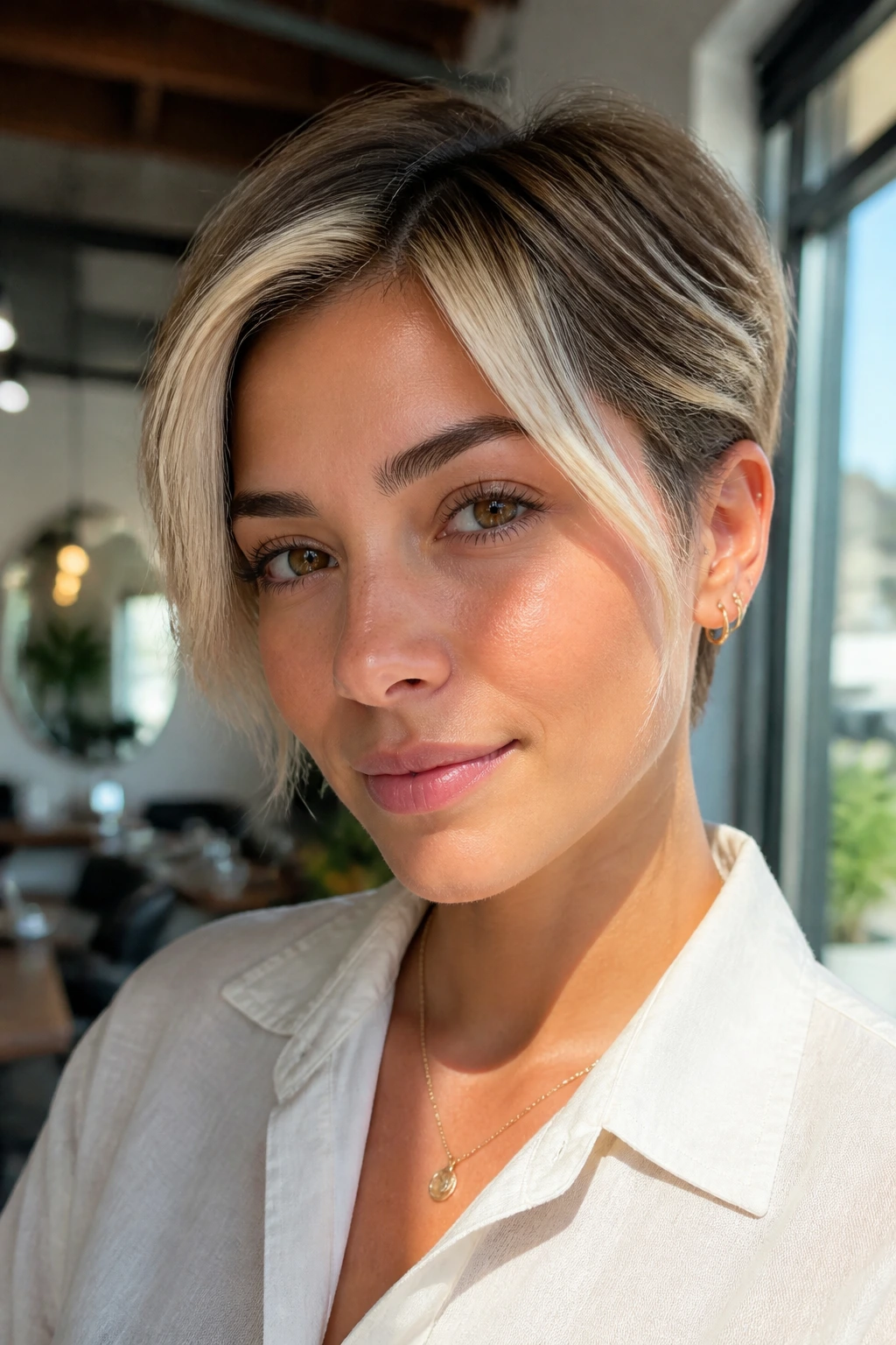 Portrait of a person with a beige blonde money-piece framing the face on a short crop