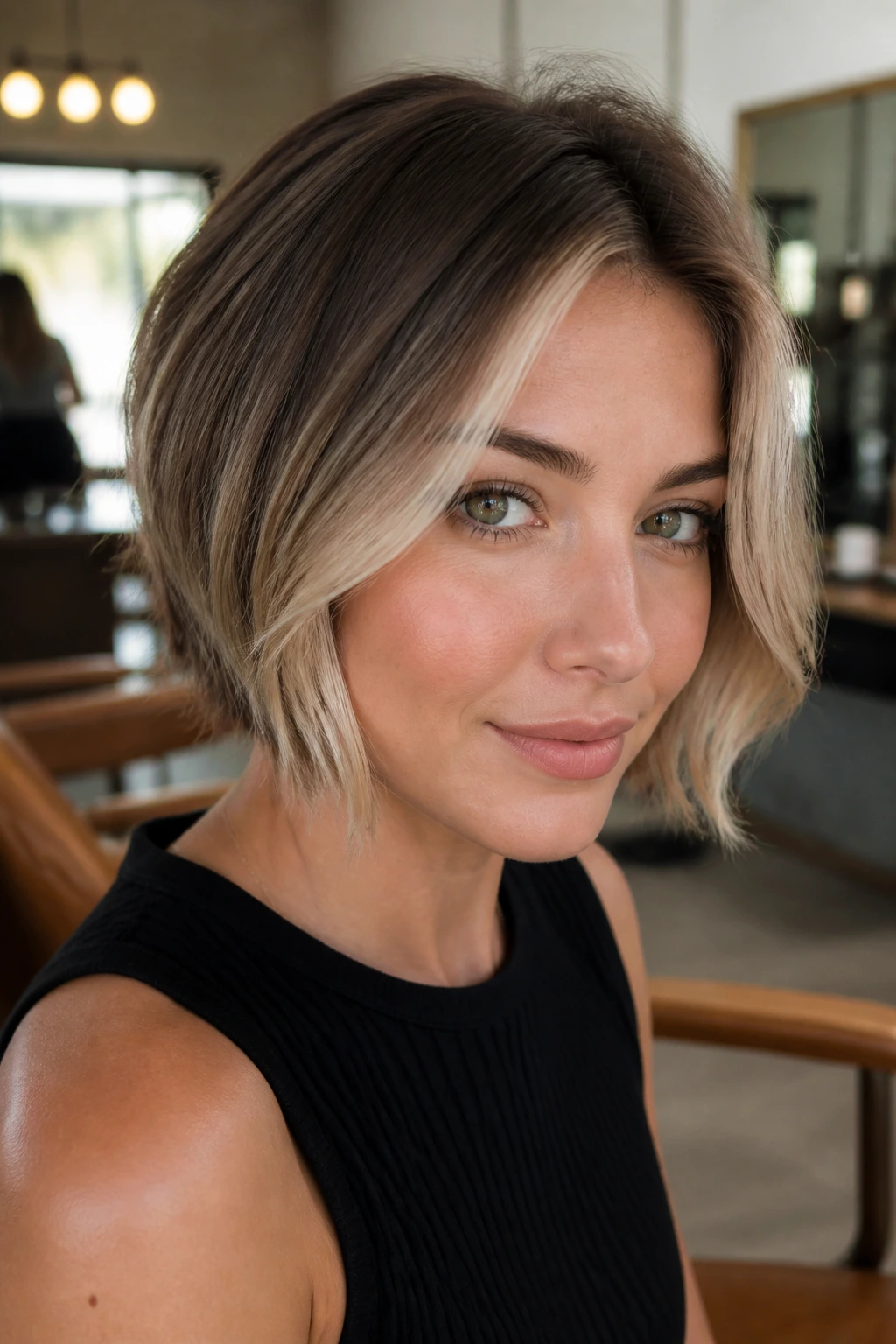 Close-up of beige blonde money pieces framing the face on a short hairstyle in a warm salon
