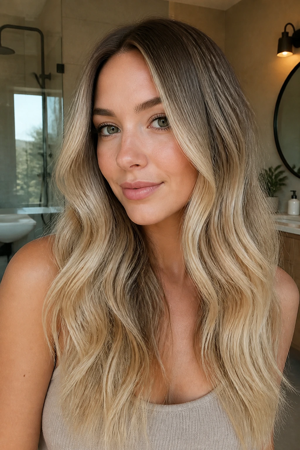 Close-up of a woman with beige blonde ombre hair in a bright bathroom