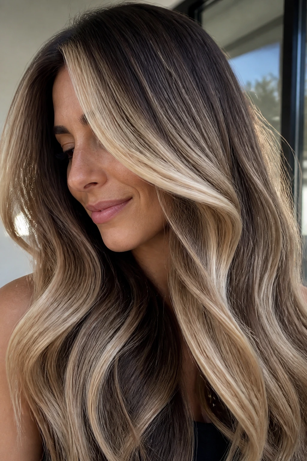 Close-up of brunette with beige blonde panels in mids and front.