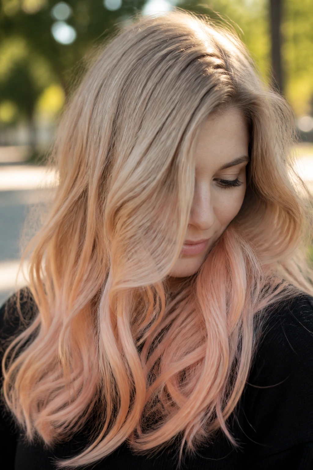 Real person with beige-blonde to peach ends in soft late-afternoon light