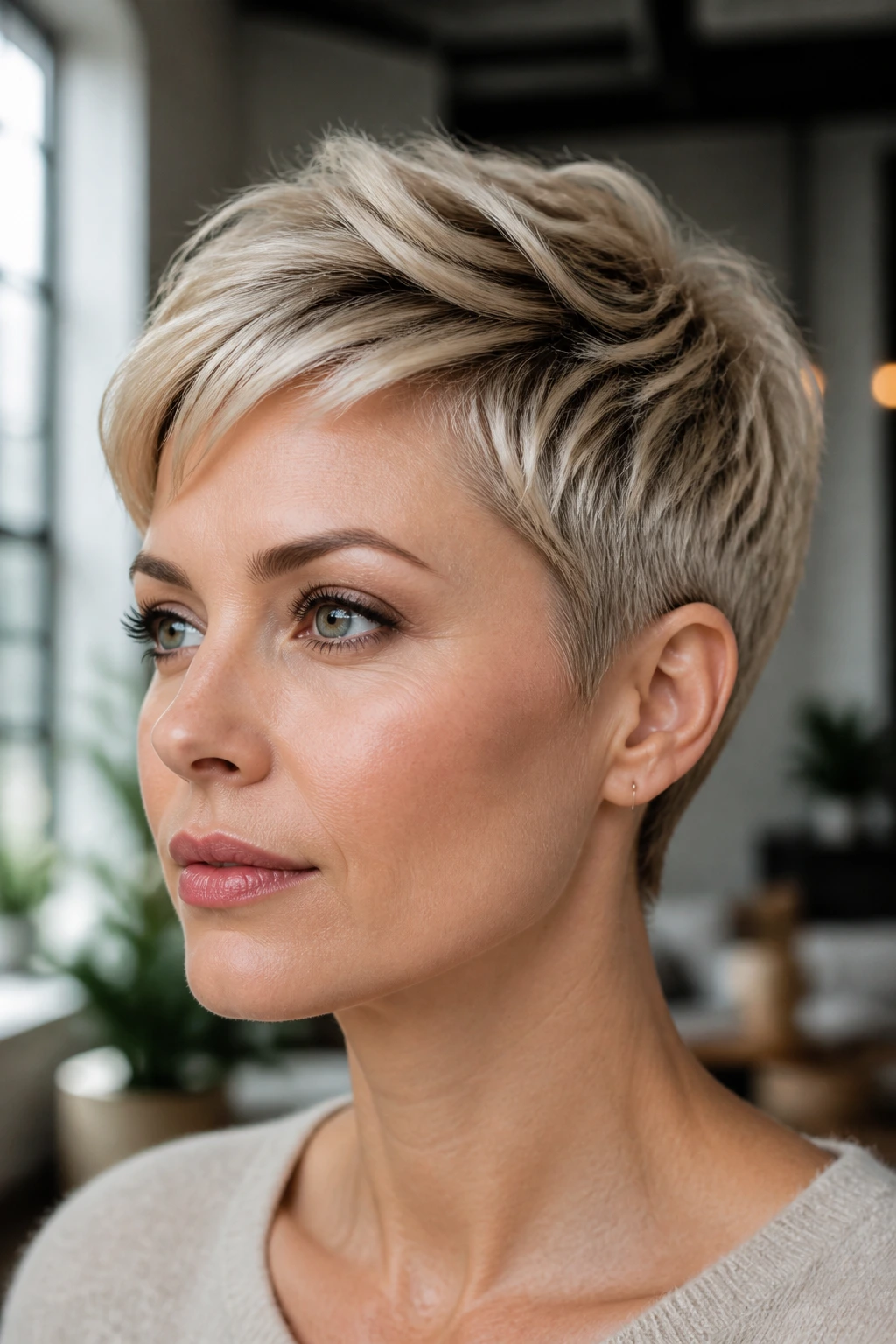 Close-up of a woman with beige blonde pixie cut