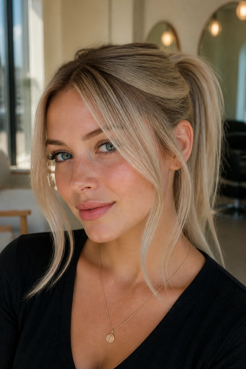 Close-up of a real woman with beige blonde and a ponytail-friendly cut
