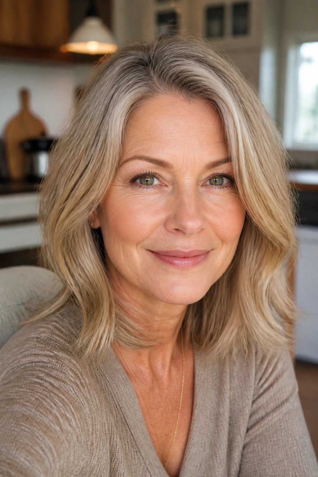 Portrait of a woman with beige blonde hair and natural regrowth transition