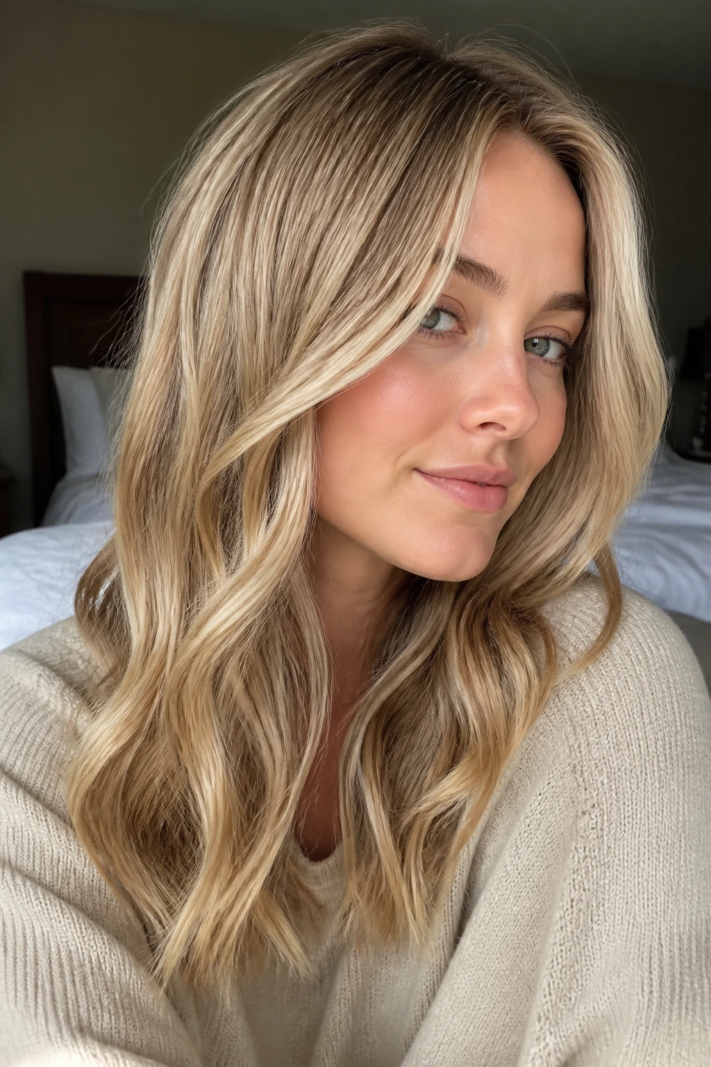 Beige blonde that suits the hair in a natural portrait