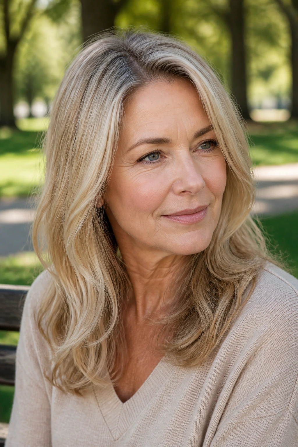 Close-up of beige blonde hair with seamless regrowth blend on a real woman.