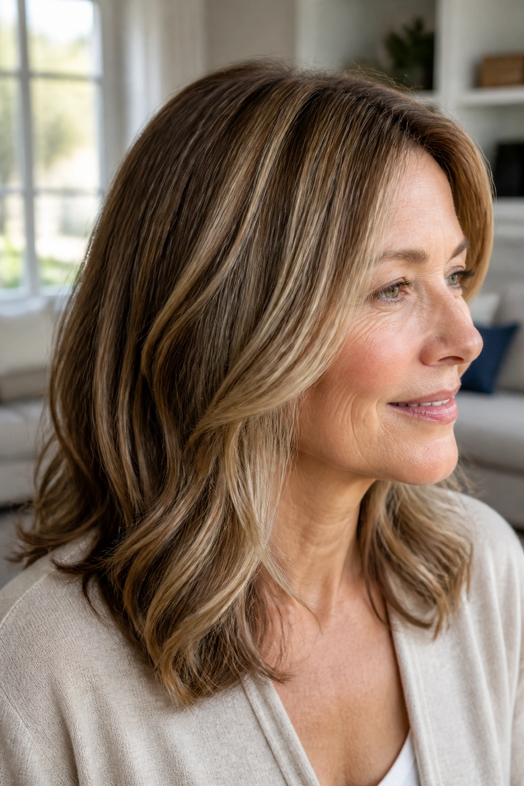 Hair with beige blonde ribbons woven through brown base on a real person