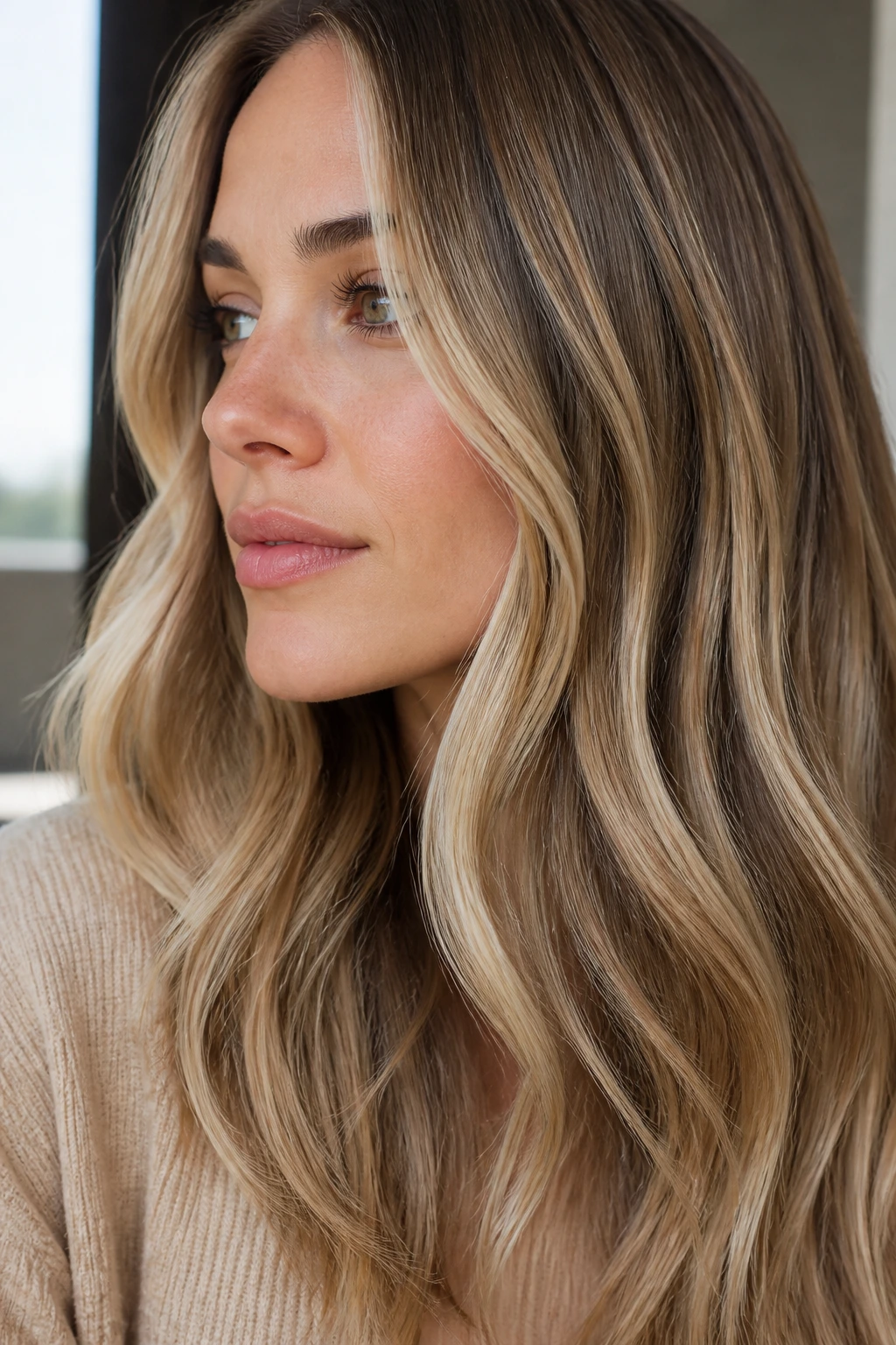 Dark blonde hair with beige ribbon-like highlights woven through