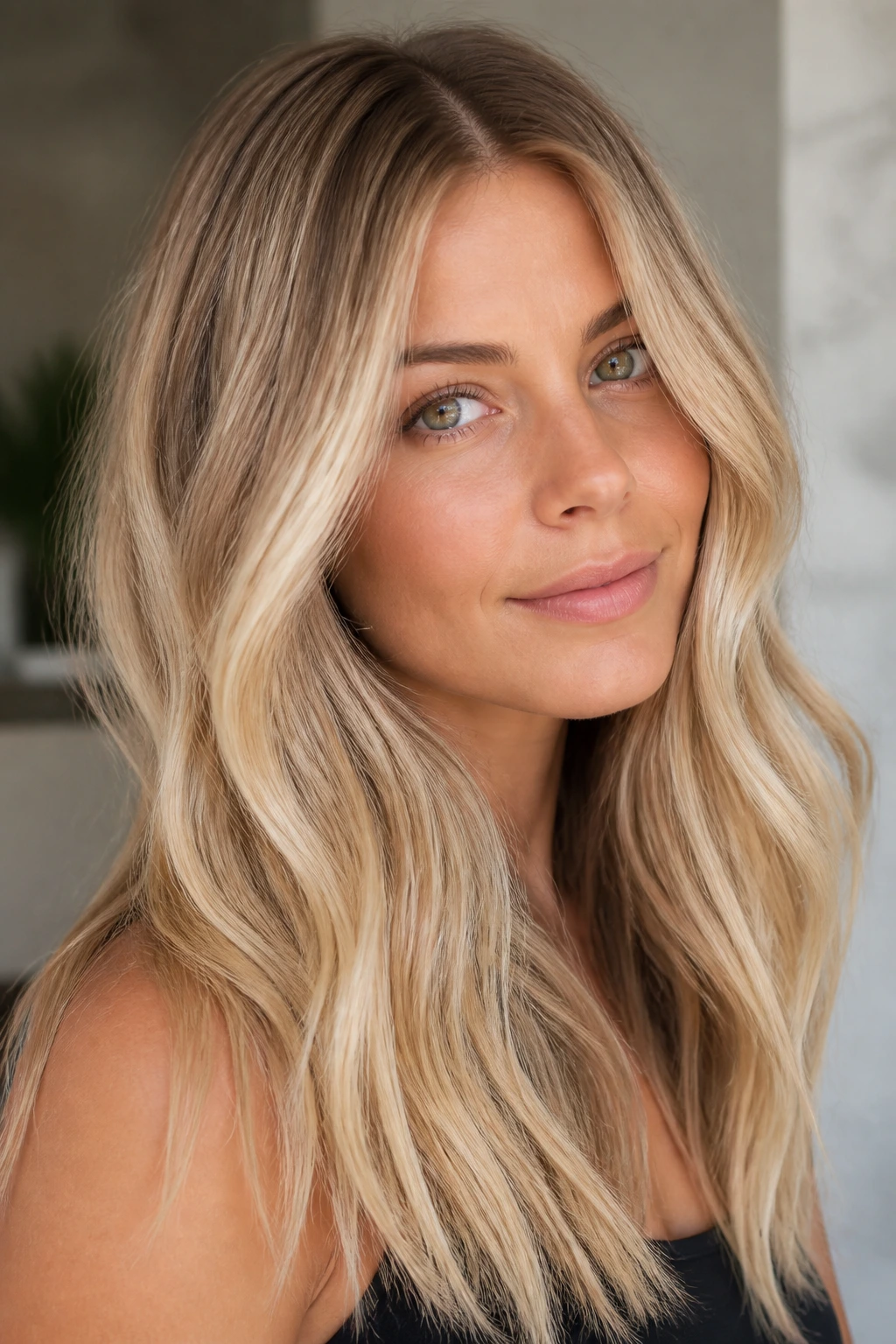 Portrait of a real woman with beige blonde hair and a soft root melt