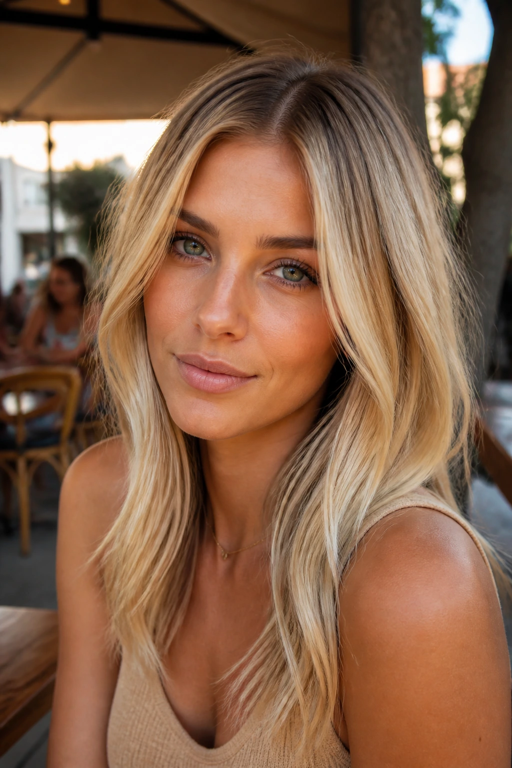 Close-up portrait of a real woman with beige blonde hair and dark blonde root