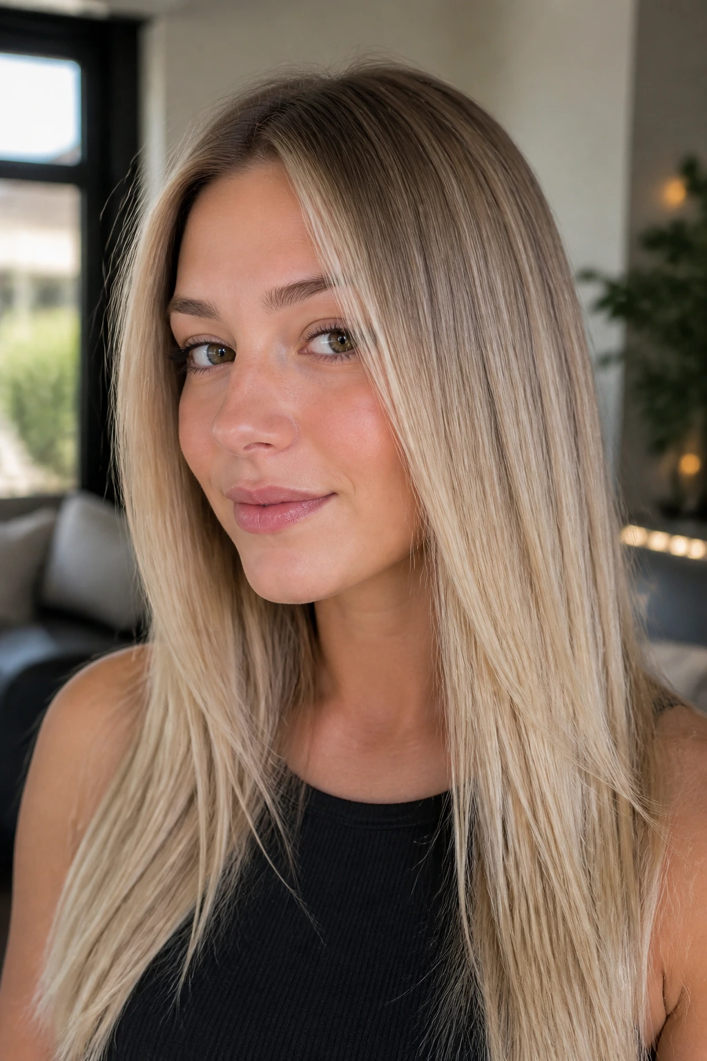 Close-up of beige blonde hair with soft root shadow on a real person