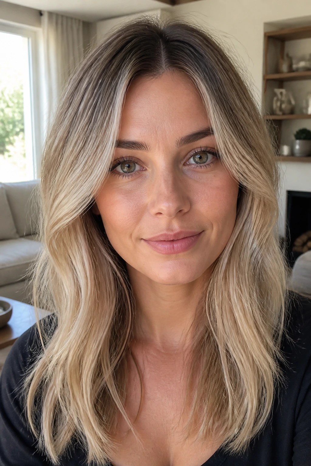 Beige blonde hair with root shadow on a real person
