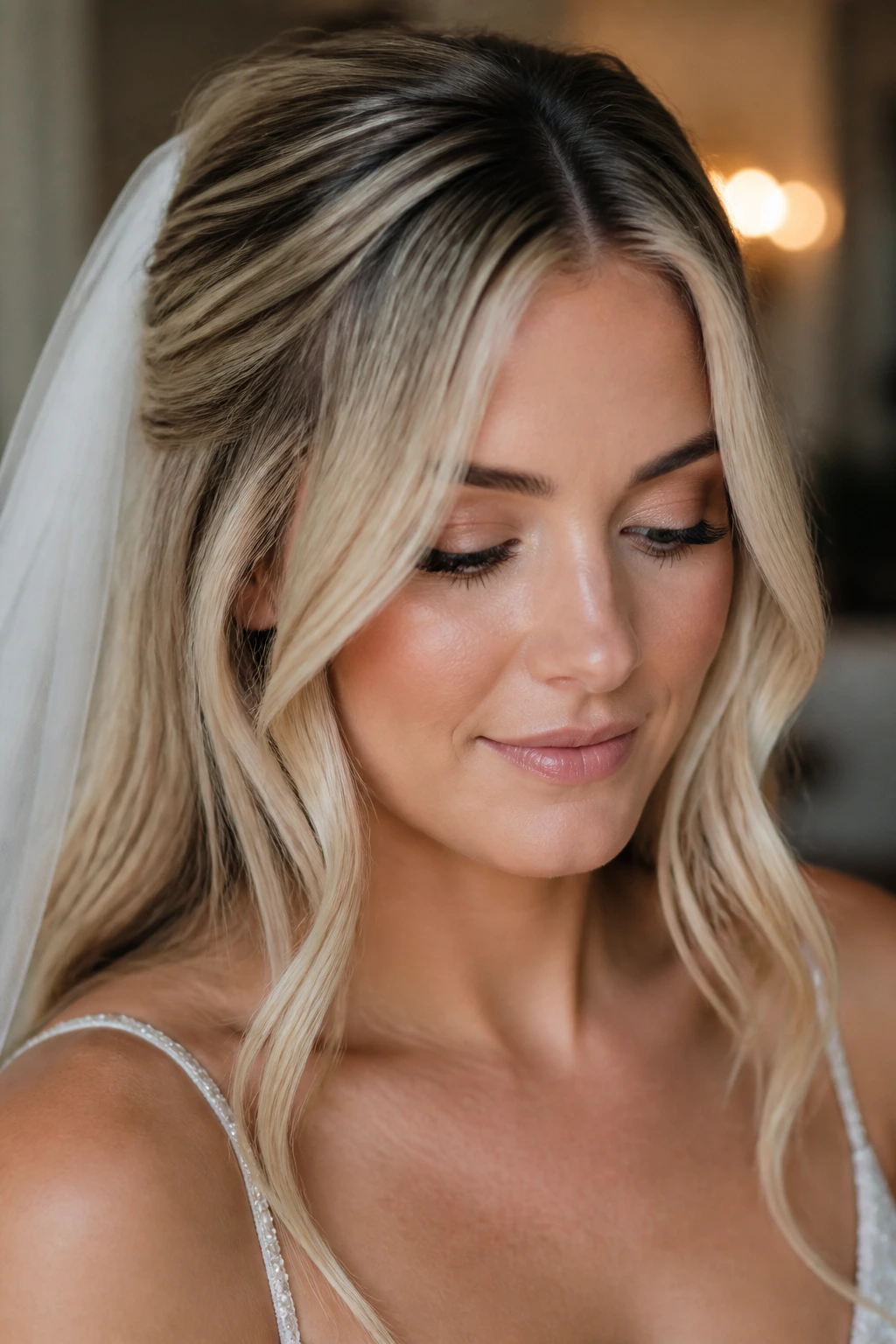 Bride with beige blonde hair and root shadow.