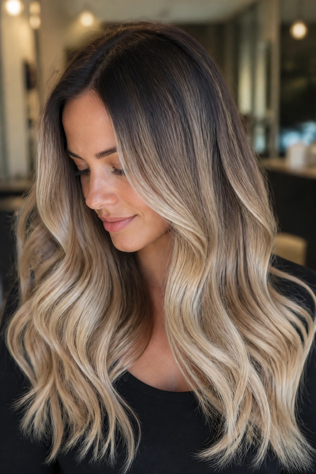 Close-up portrait of a real person with brunette roots blending into soft beige blonde