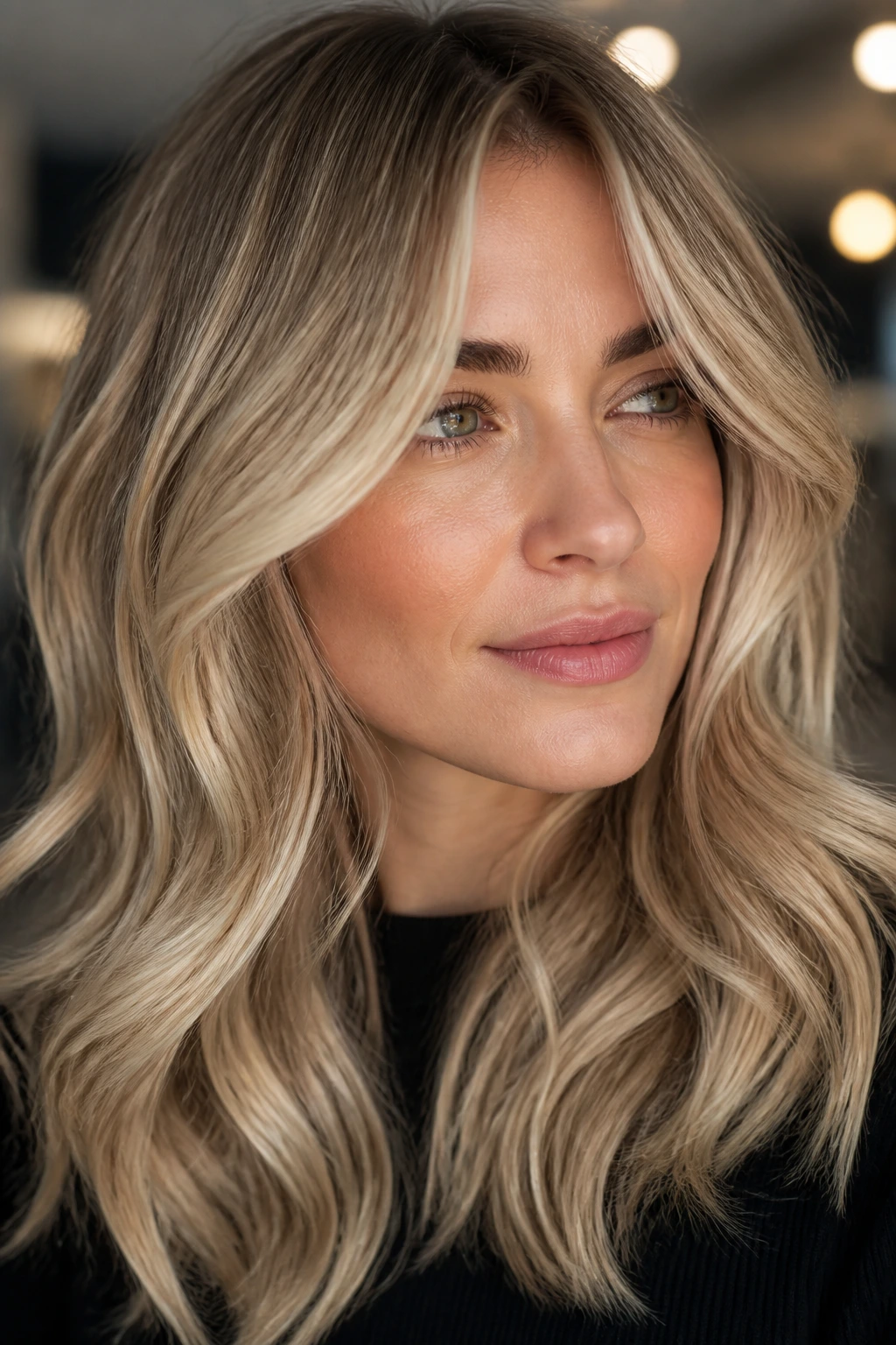 Close-up of beige neutral blonde hair on a real person in soft lighting.