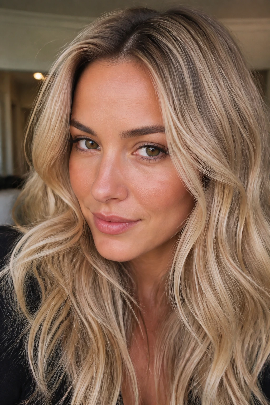 Close-up of beige blonde hair with a shadow root on a real person.