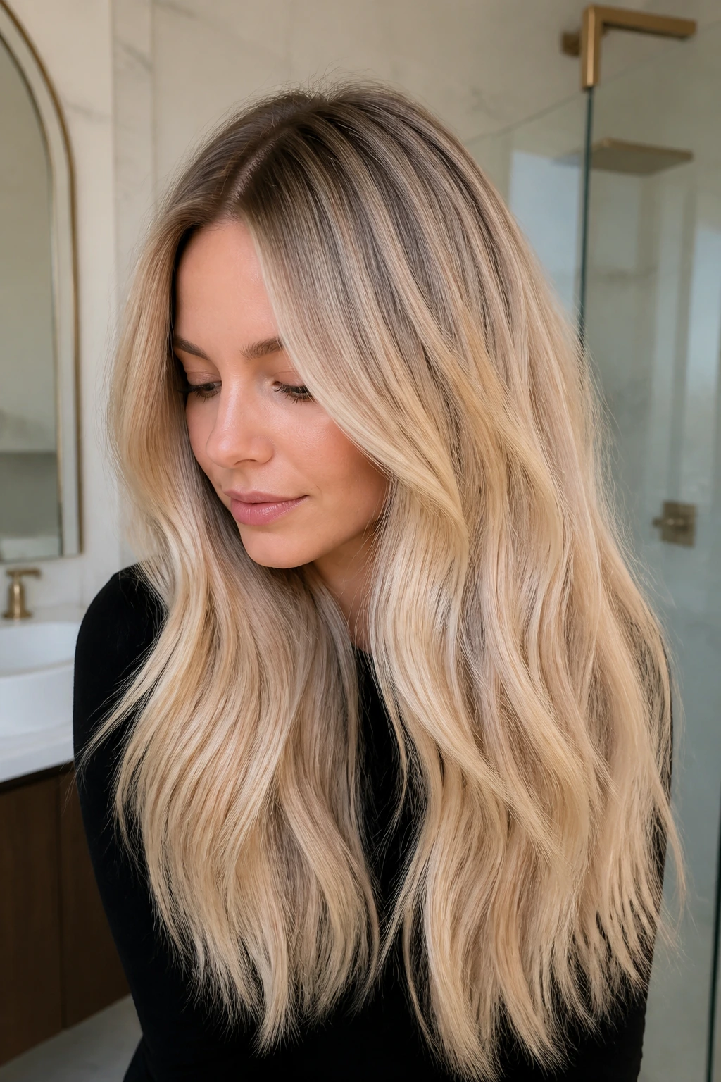 Close-up of a real woman with Beige Blonde and shadow root long hair
