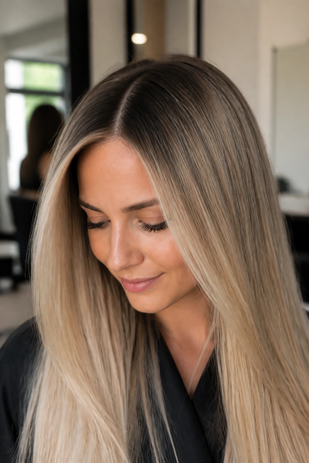 Beige blonde long straight hair with shadow root close-up