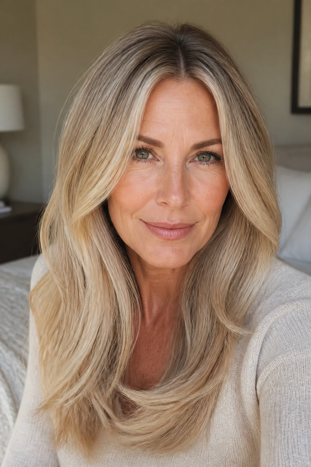 Close-up of long beige blonde hair with a shadow root