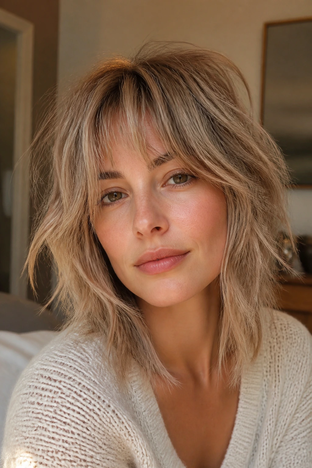 Close-up of a real woman with beige-blonde shag hairstyle and textured layers.