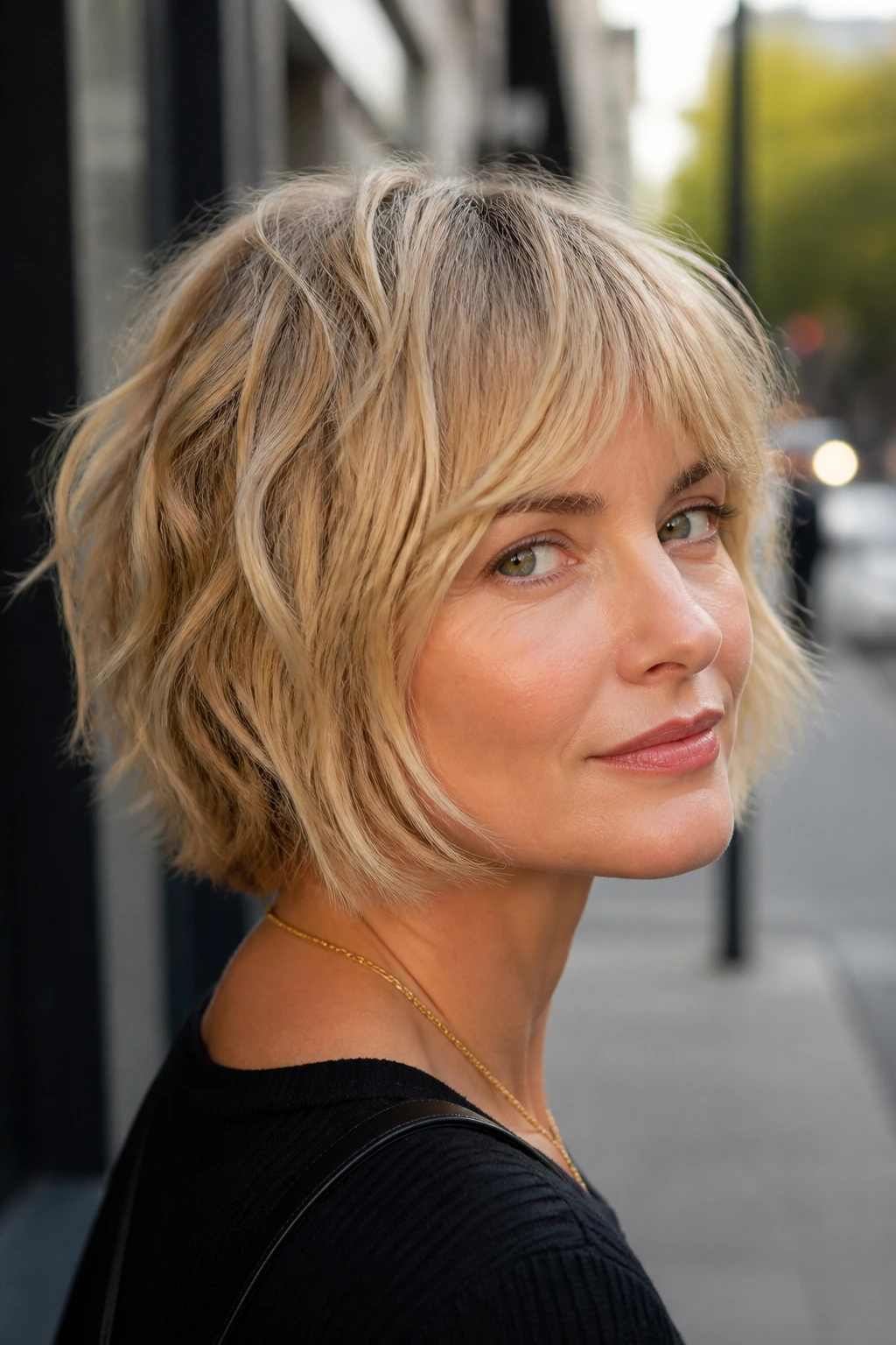 Real woman with beige blonde shaggy bob on a city sidewalk
