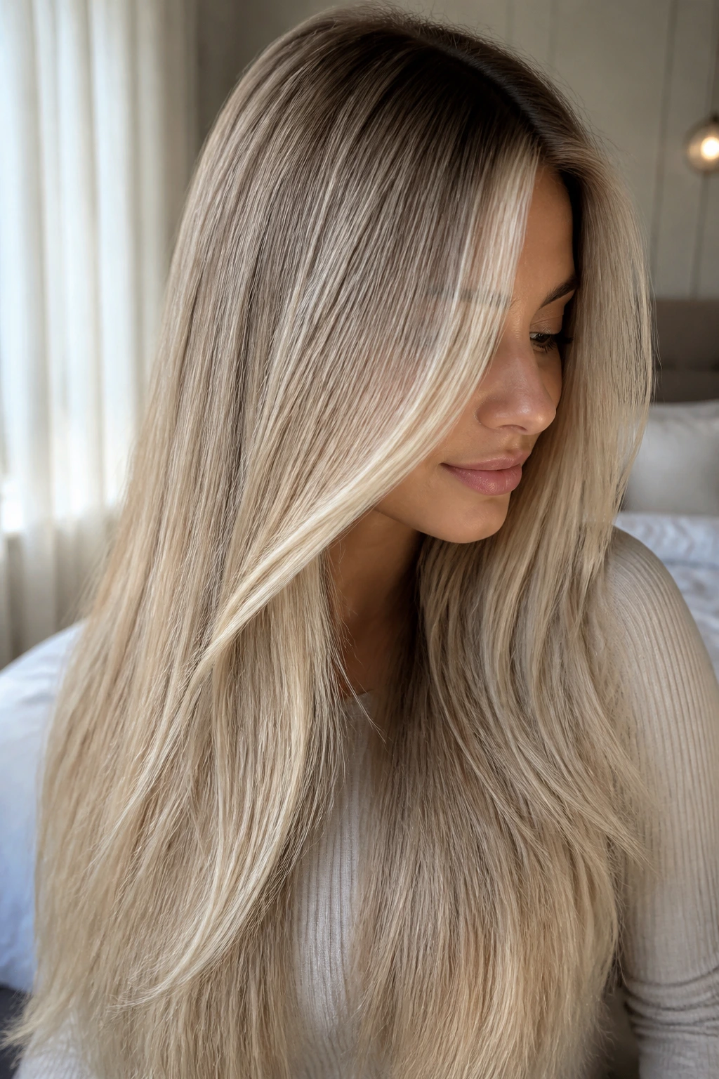Close-up of a real woman's long beige blonde hair with a soft root shadow