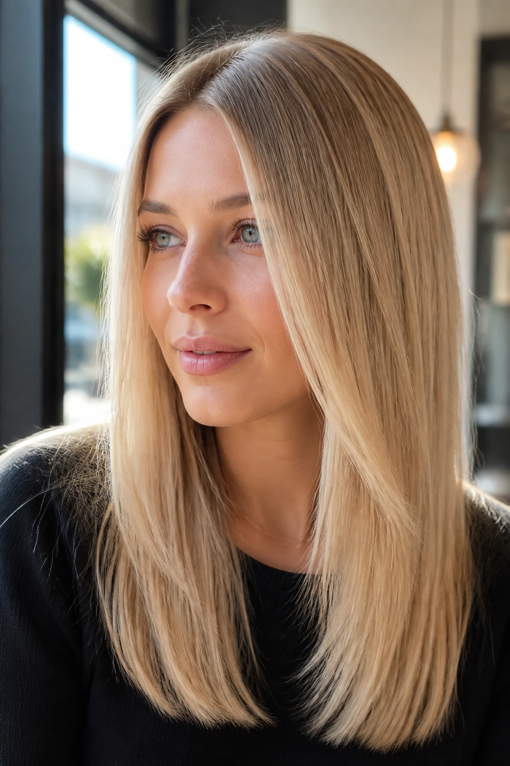 Close-up portrait of a real person with straight beige blonde hair in a clean color look