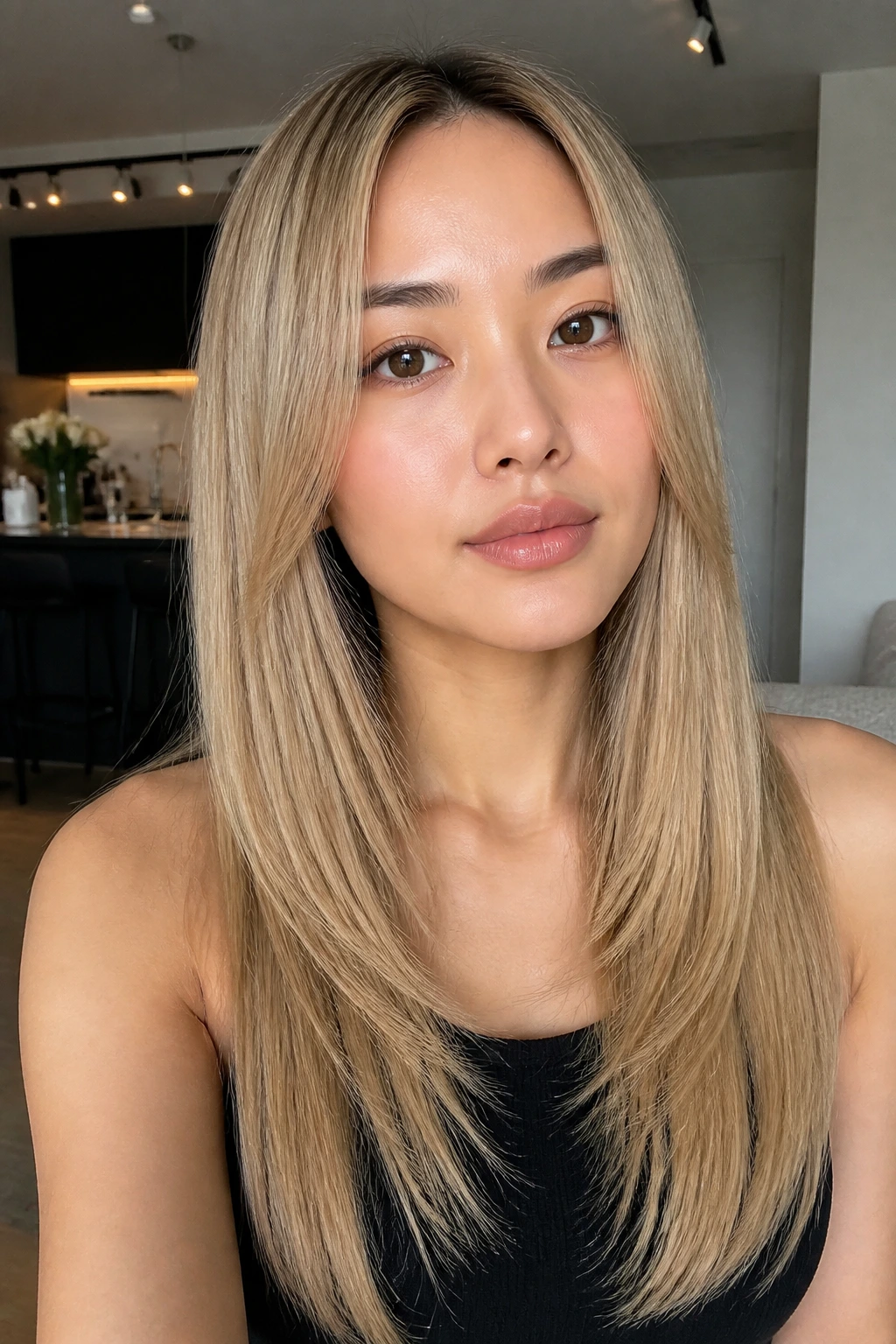 Close-up of a real woman with beige blonde straight layers in natural window light