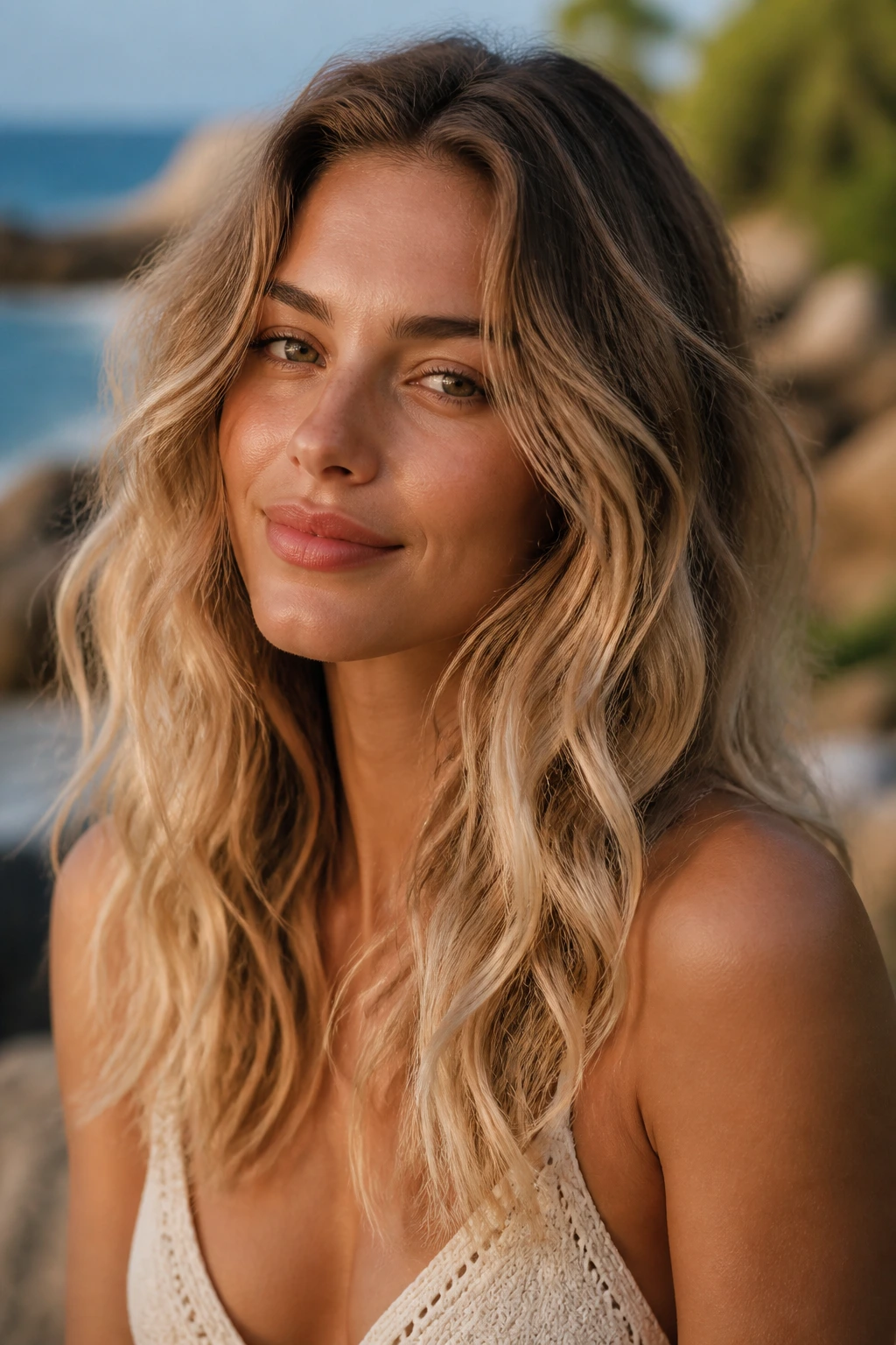 Close-up portrait of a woman with beige blonde sunkissed ends on wavy hair