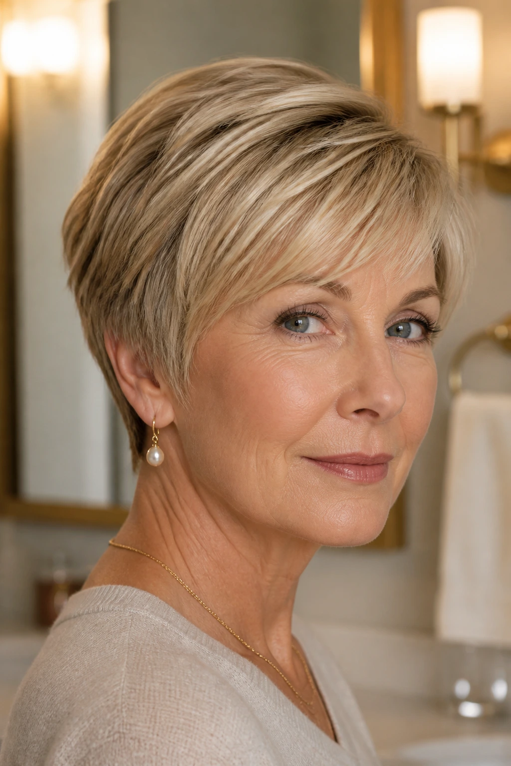 Close-up portrait of a woman with beige blonde tapered cut