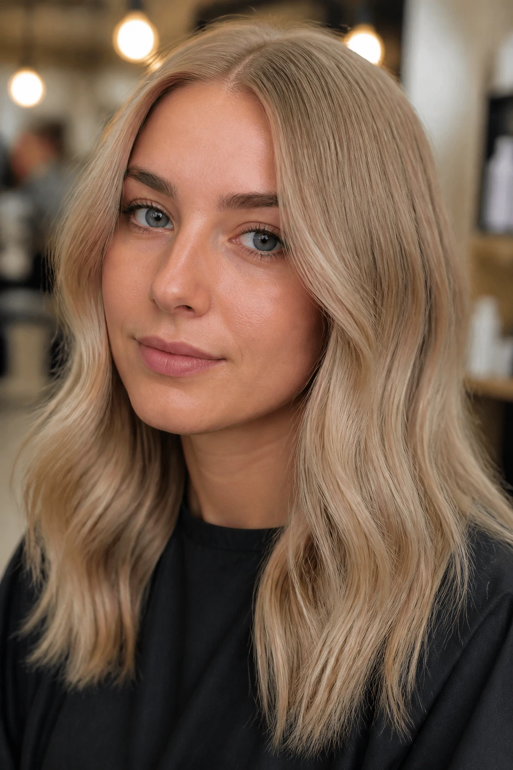Close-up of a real woman with beige blonde hair in a salon setting.