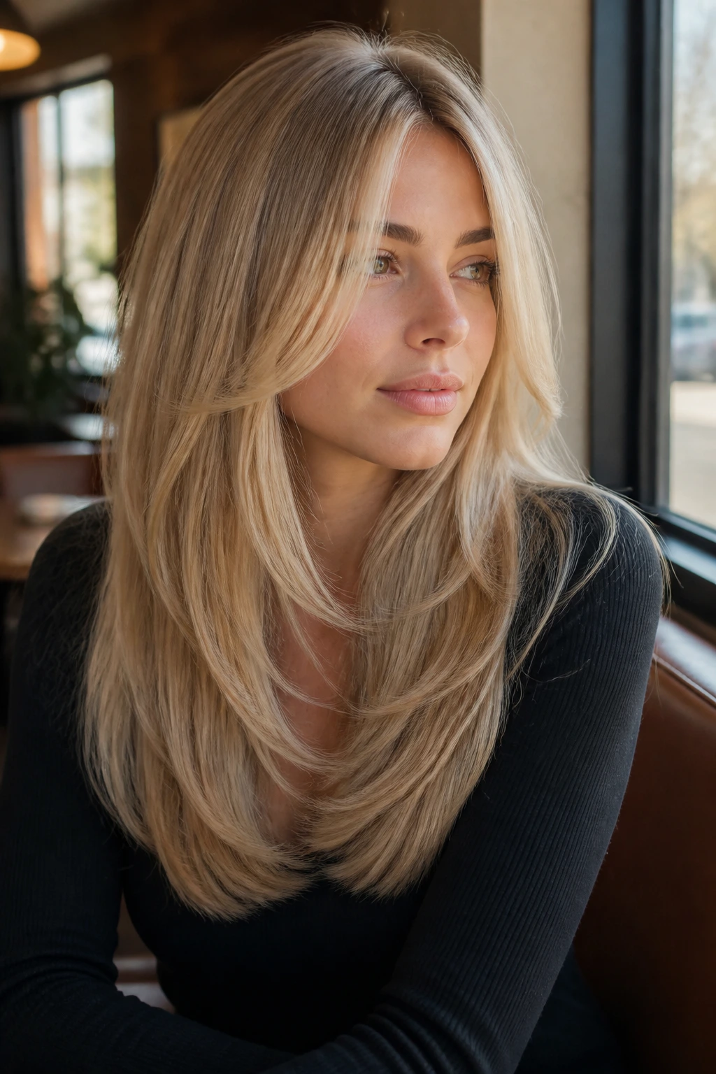 Close-up of beige blonde U-cut on a real person with soft, rounded ends