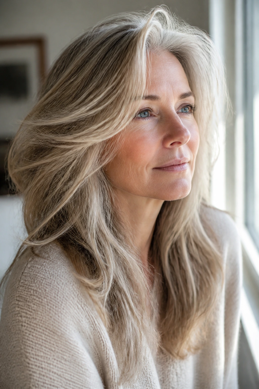 Real woman with beige blonde veil over long layered hair in sunlit room