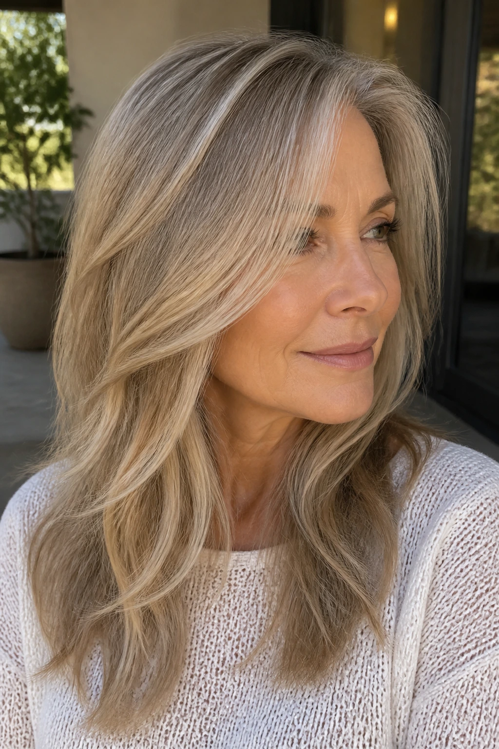 Close-up of woman wearing beige blonde veil with diffused layering