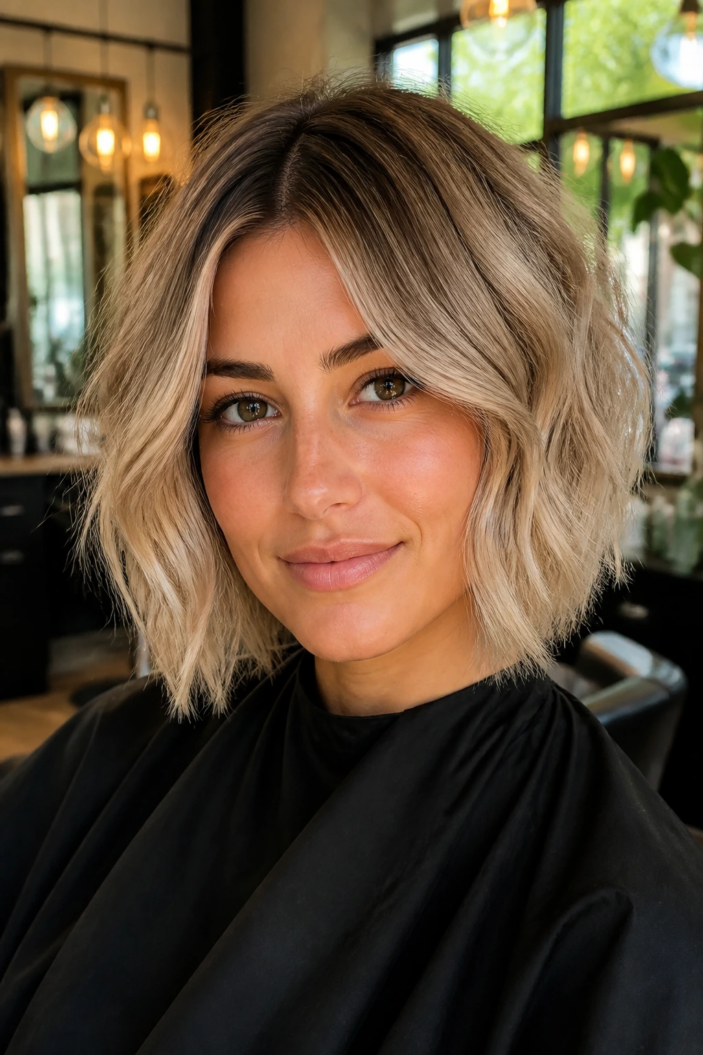 Close-up of real woman with beige bob and dark root frame, soft waves, center part.