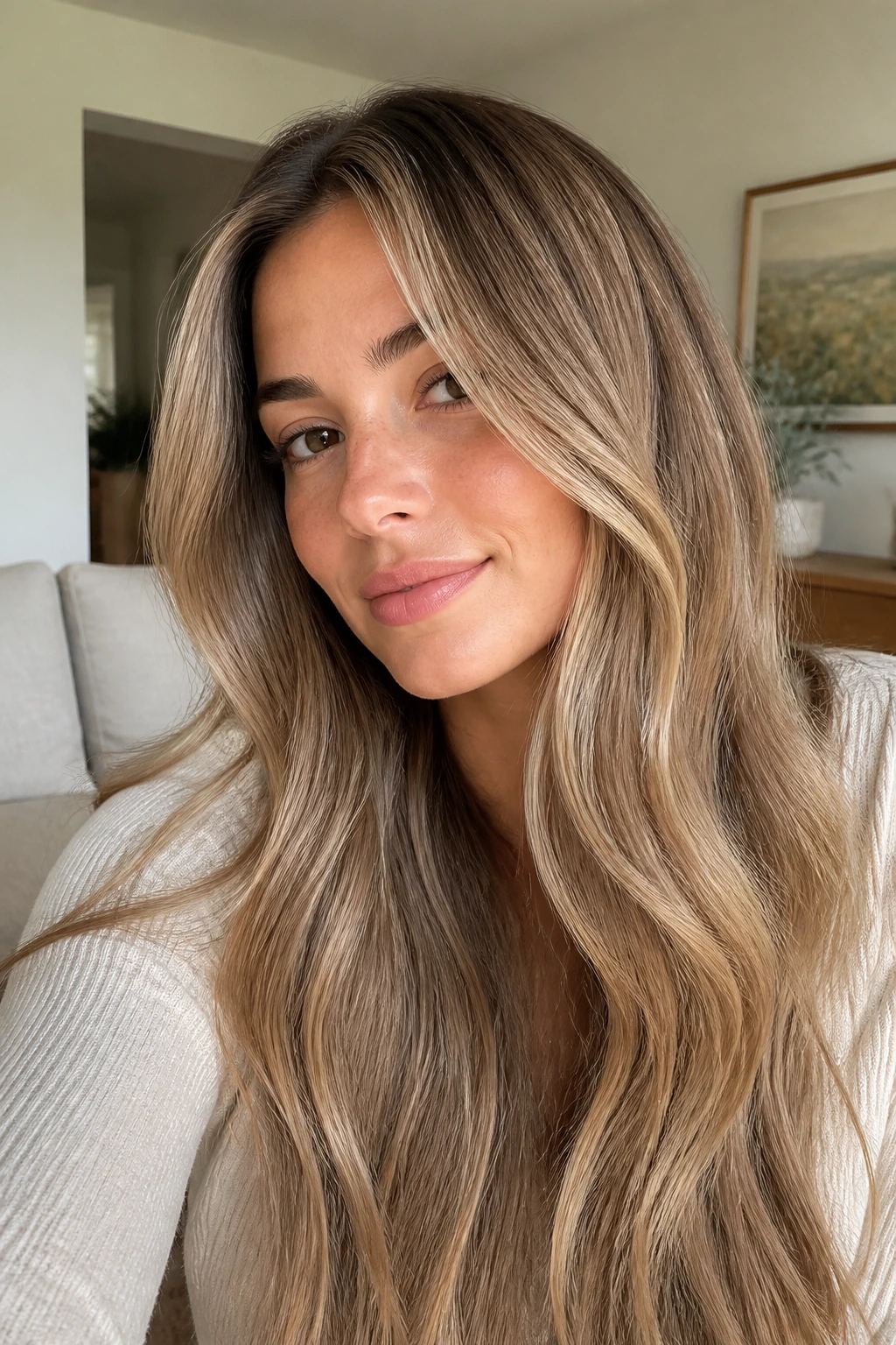 Close-up of a real woman with beige bronde hair and seamless melt