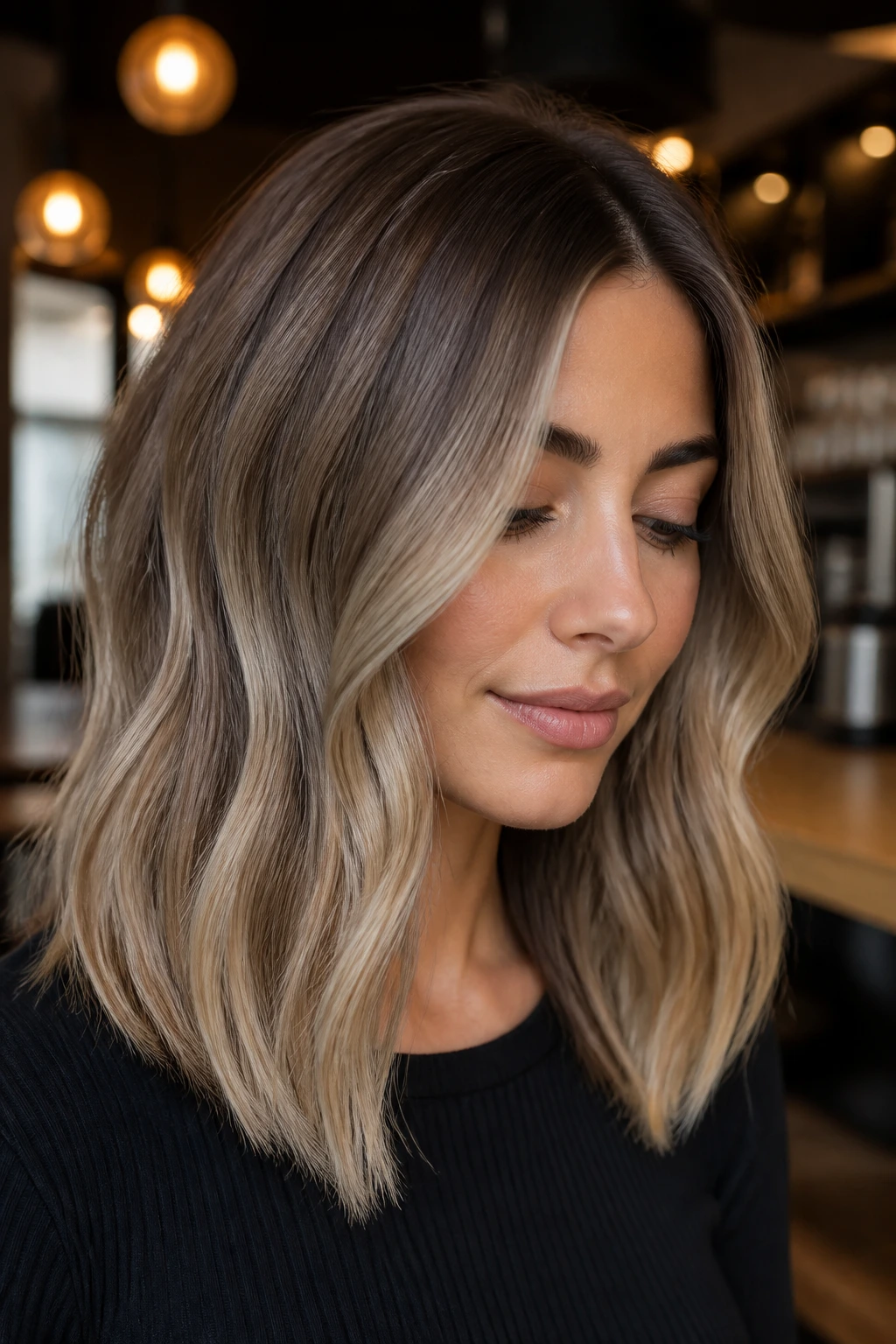 Real woman with beige bronde balayage on medium-length hair in natural cafe lighting