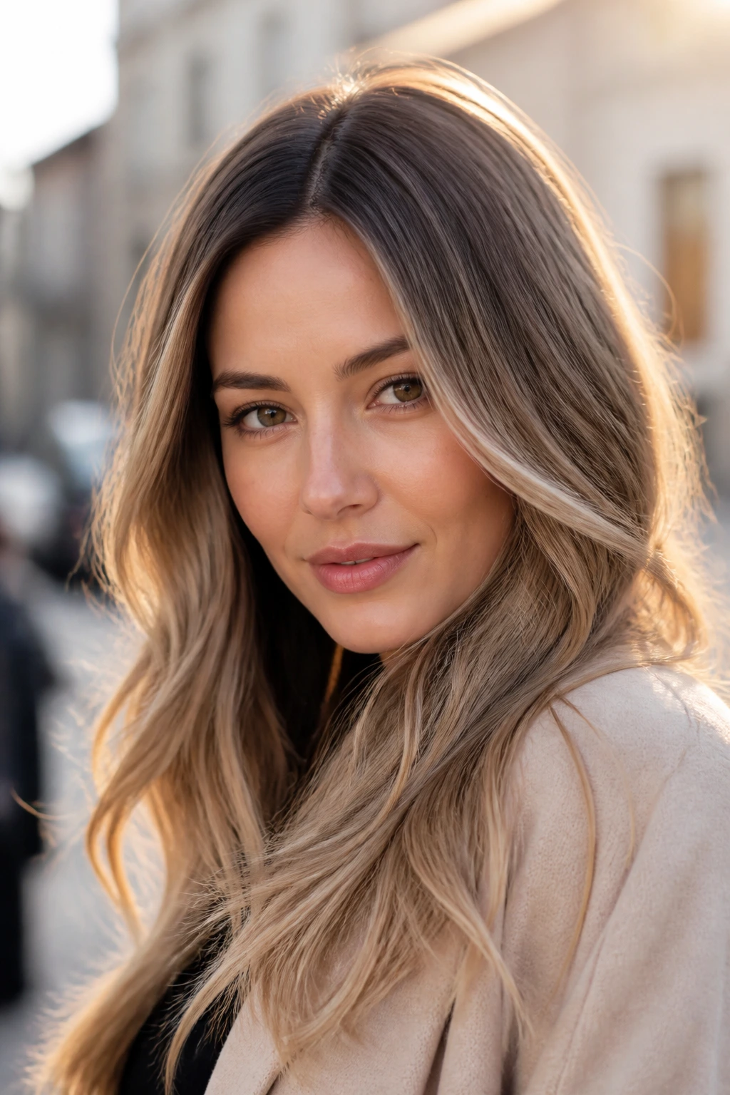 Portrait of a woman with beige bronde hair showing root brown to beige transition.