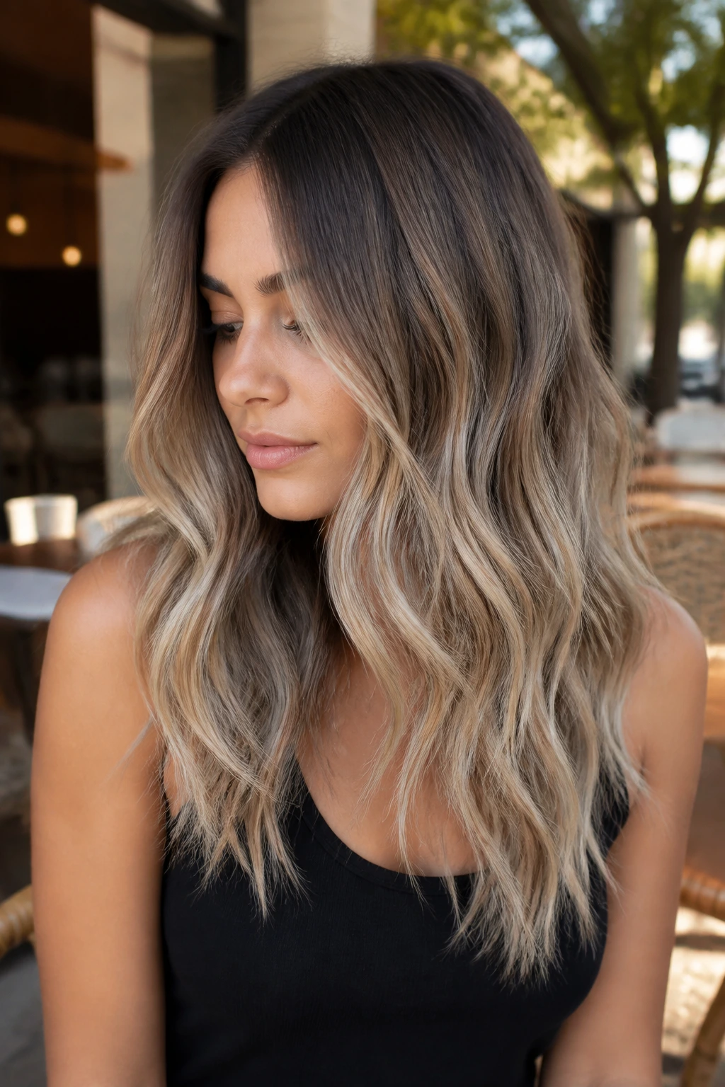 Close-up of real woman with beige bronde melt in wavy hair